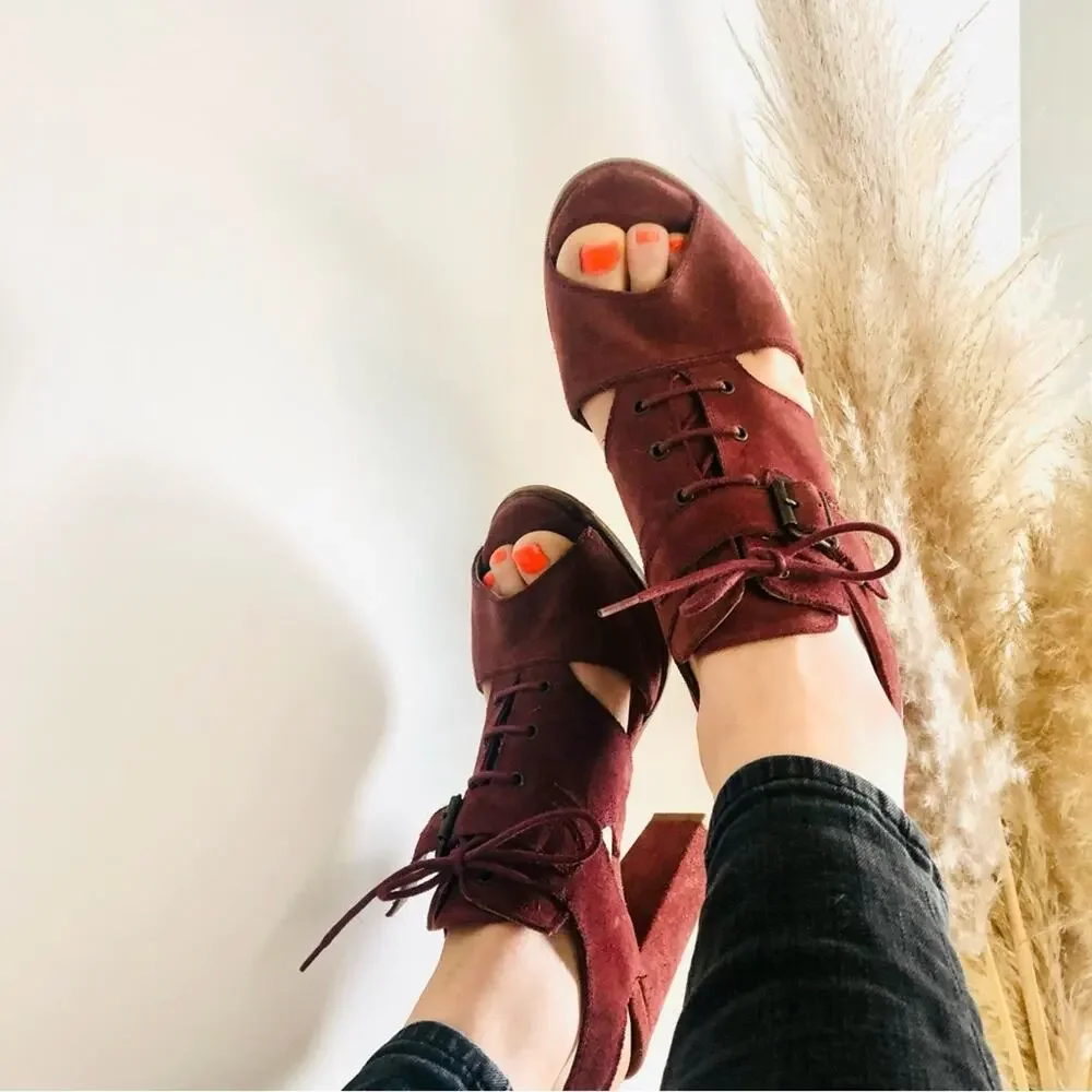 ANTHROPOLOGIE SCHULER SONS Maroon Burgundy Sling Back Lace Block Heels Sandals - Picture 7 of 12